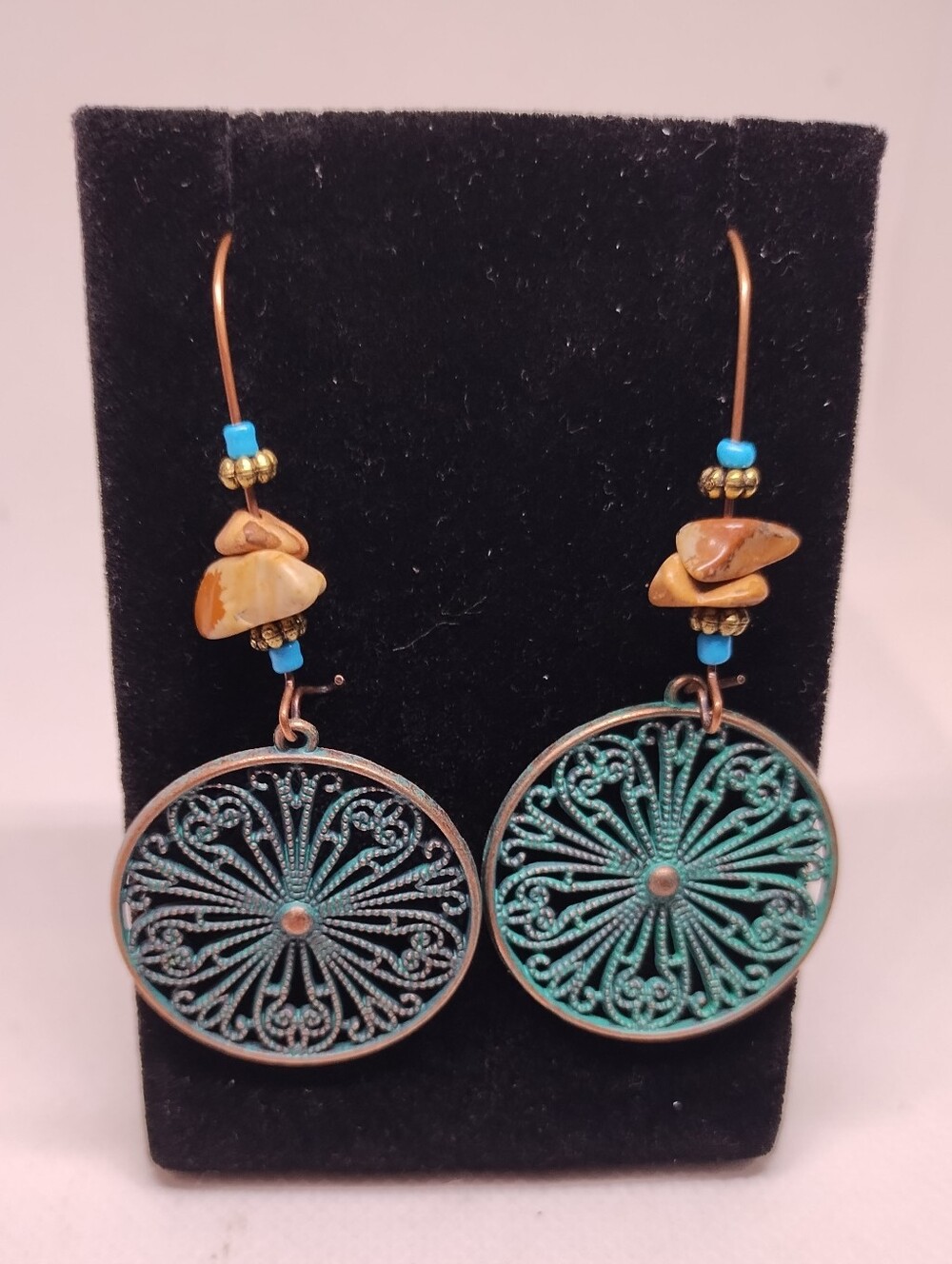 Turquoise Patina Filigree Disc Dangle Earrings Women's New G23